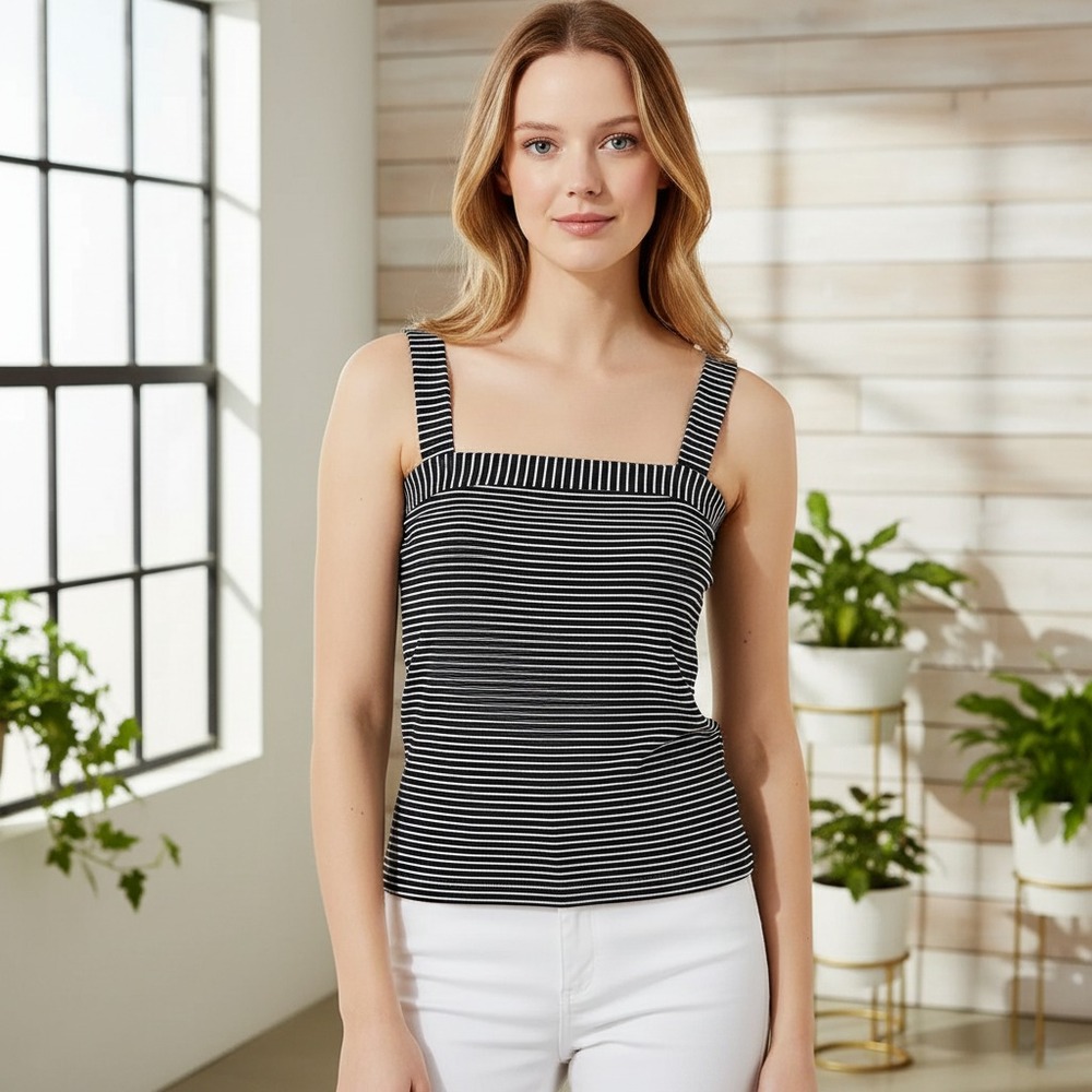 NEW Loft M Top Womens Blue Striped Knit Square Neck Tank Casual Coastal Nautical